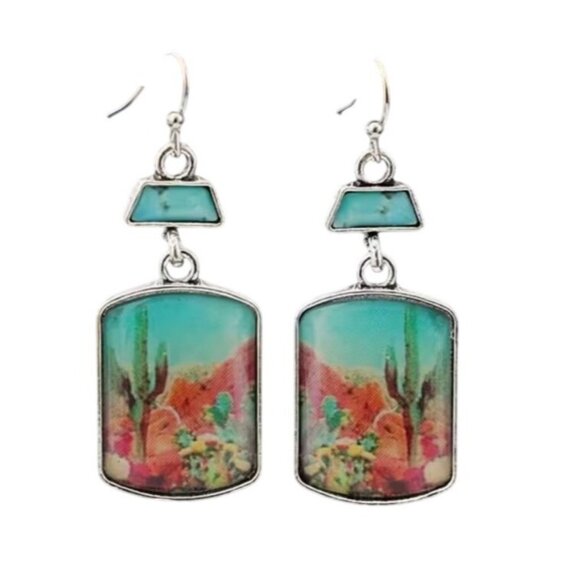 Southwest Style Dangle Earrings with Cactus Desert Scene - Picture 1 of 2